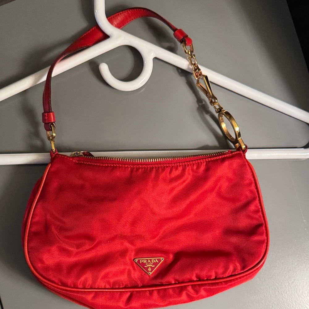 Prada Red Nylon Shoulder Bag with Gold Accents